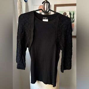 CHANEL Vintage Black Ribbed Knit Top with Lace Bolero Sleeves